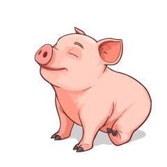Fototapeta premium Pink pig sits on a white background, closed his eyes and smiles with pleasure. Isolated vector