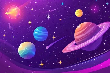 Naklejka premium Vibrant cosmic cartoon illustration of planets stars comets and nebulas in a colorful galaxy background creating a sense of wonder and exploration