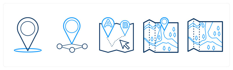 A set of 5 mix icons as location, map, pin