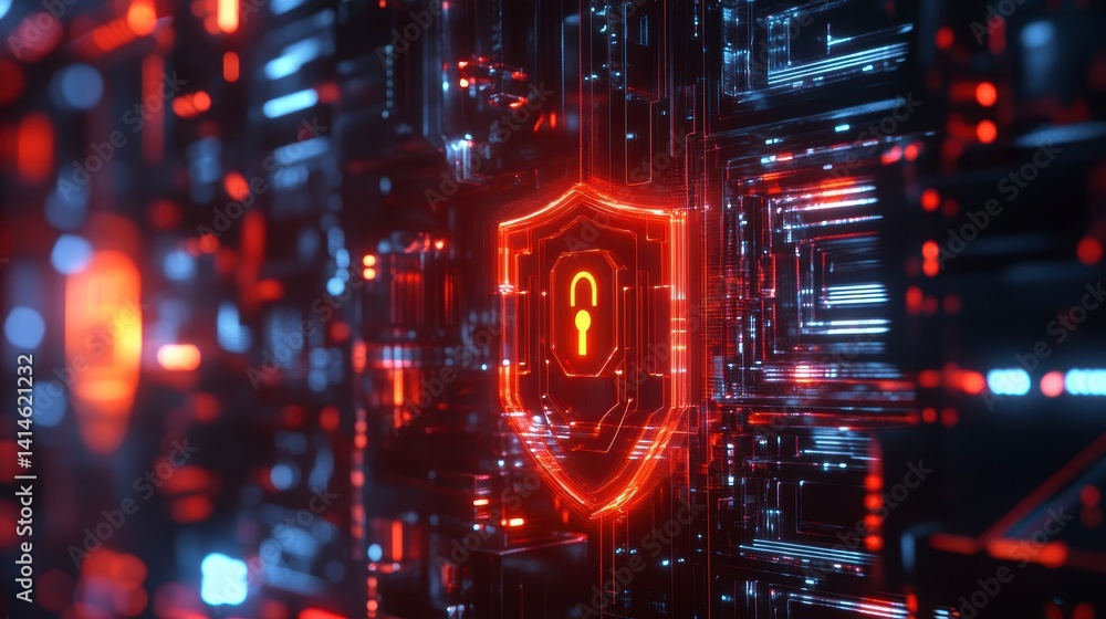 Poster Futuristic digital shield with glowing padlock, representing cybersecurity and data protection within a complex network.