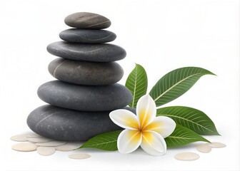 Fototapeta premium Calm Zen Inspired Composition with Textured Rock Stack and a Single White Frangipani Blossom