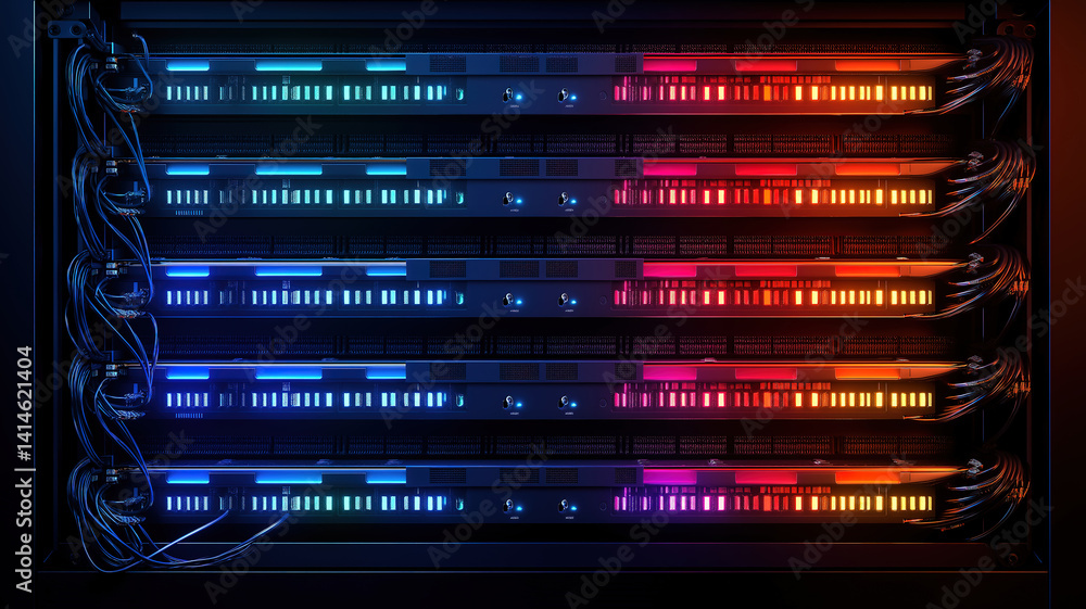Poster network switch and ethernet cables inside a data center, illustrating modern digital infrastructure