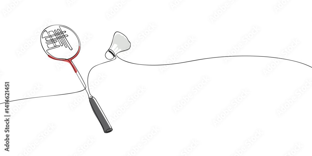 Poster clean vector illustration of a badminton racket and shuttlecock drawn in continuous line art style w