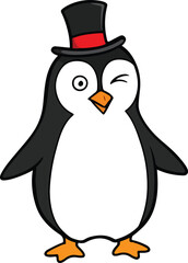 Winking Cartoon Penguin with Top Hat Vector Illustration