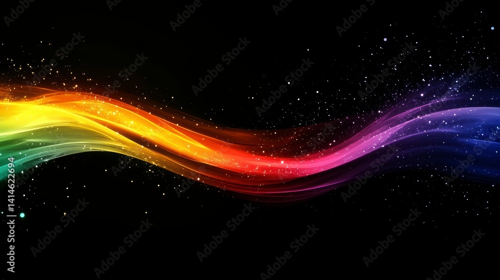 Poster Abstract colorful wave with sparkles on black background.