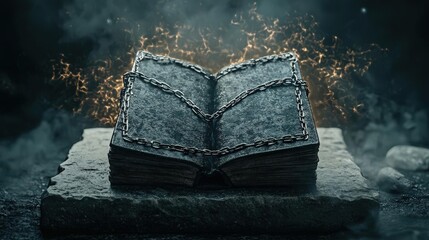 A cursed spellbook bound in chains, radiating dark energy as it levitates above a stone pedestal