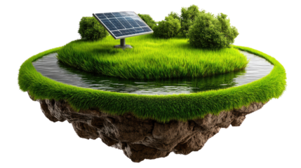 Eco Island: Solar panel stands tall on a floating island, surrounded by lush greenery, trees, and serene water, symbolizing sustainable energy and environmental protection.