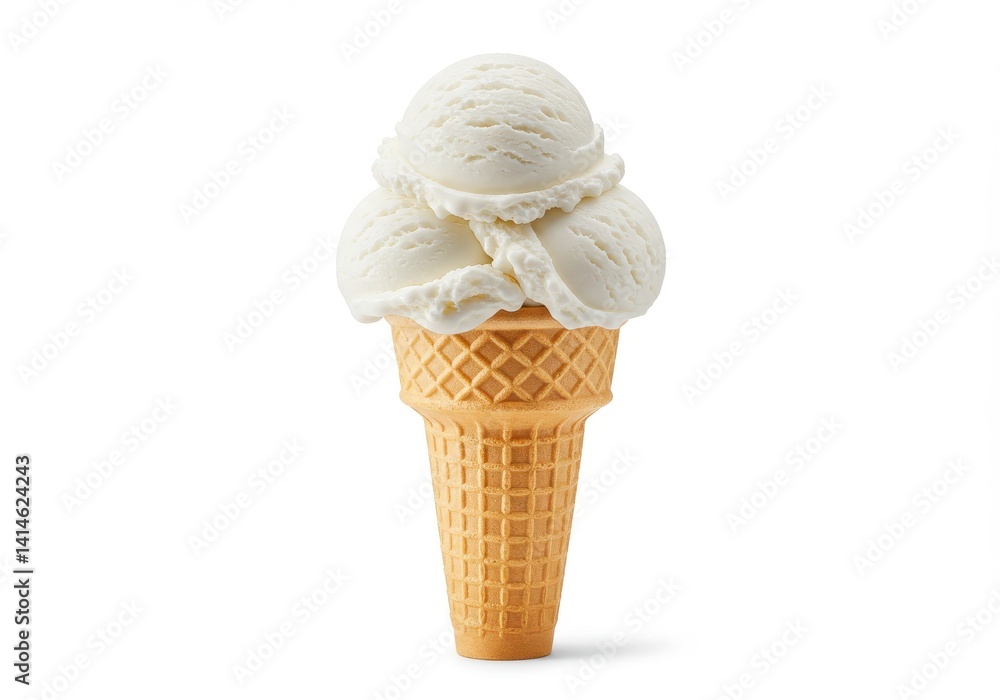 Aufkleber three scoops of vanilla ice cream in a waffle cone on a white background in a studio shot view