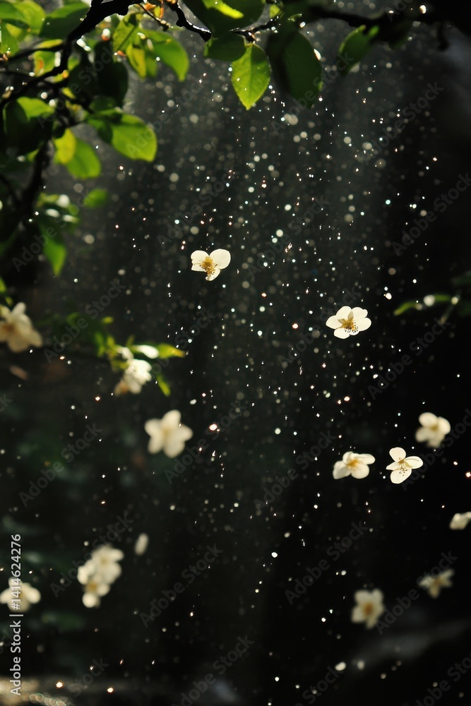 Poster ethereal spring blossoms dancing in a shower of light creating a dreamy and magical atmosphere with 