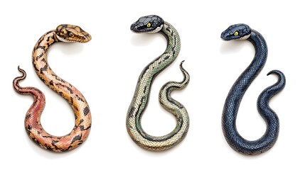 Fototapeta premium Three Snakes with Studio Shot, and White Background.