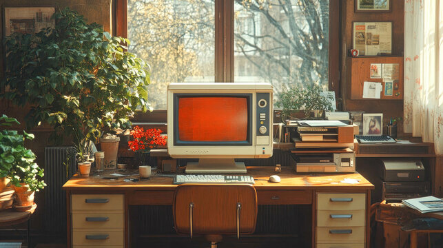 A vintage desktop computer sits on a wooden desk surrounded by plants and office supplies, evoking nostalgia for old technology in a warm, retro workspace