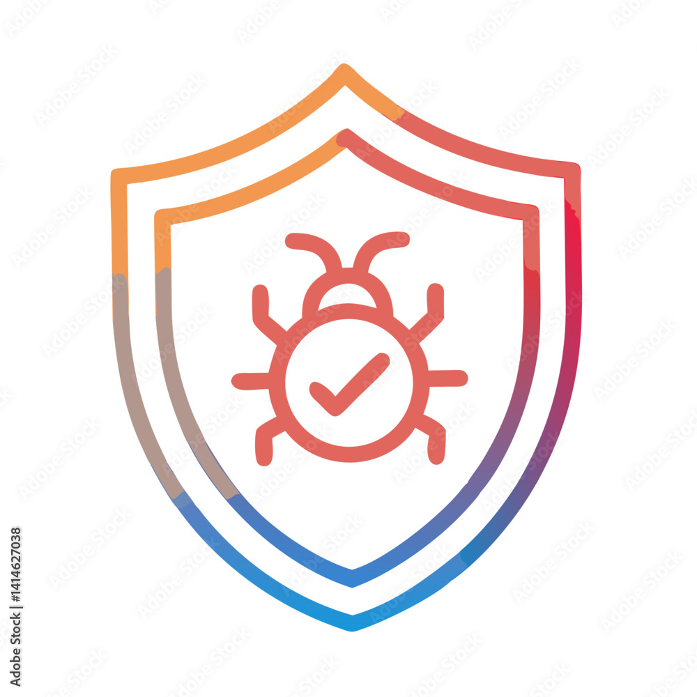 Poster stylized shield with bug and checkmark illustrating antivirus protection and security concept