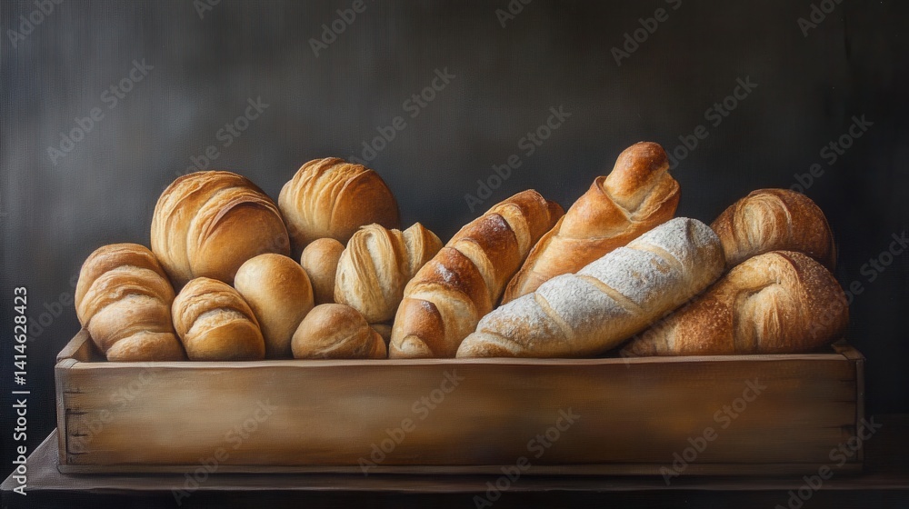Poster artistic still life of assorted breads in wooden crate against dark backdrop capturing culinary warm