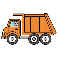 Orange Dump Truck with Black Outline on White Background. Flat Cartoon