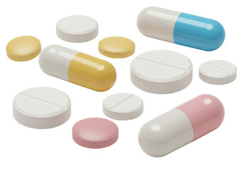 Isolated Variety of Colorful Medical Tablets and Capsules