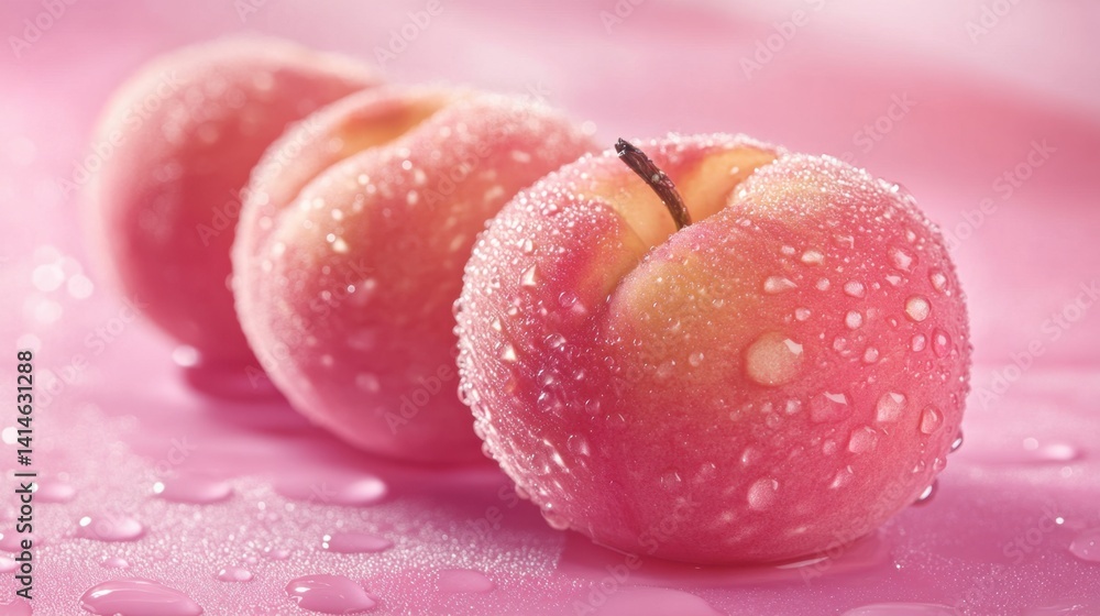Aufkleber three fresh and ripe peaches with water droplets on a shiny pink surface creating a refreshing and v