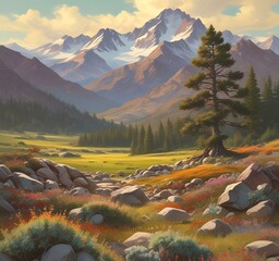 Illustration of wild landscape with mountain.