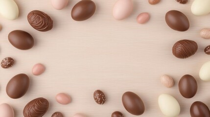 A high quality image of chocolate eggs and candies placed on the left edge, on a light wood table with pastel tones, bright and cheerful Easter theme