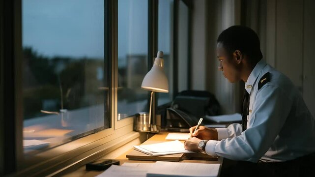 Security officer writing report at desk in a quiet station