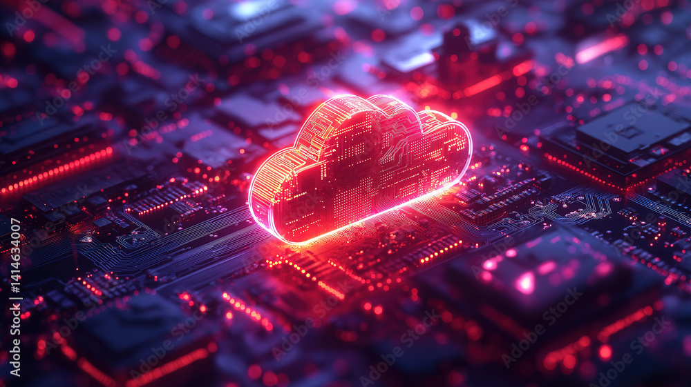 Poster cloud technology visualized by a floating digital icon over an advanced electronic circuit
