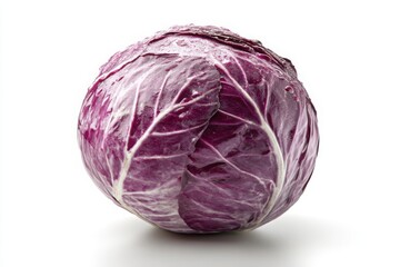 Fototapeta premium Fresh Red Cabbage Head Isolated on White Background, Food Photography, Healthy Eating, Vegan Ingredient, Round Vegetable, Purple, Vitamins, Raw