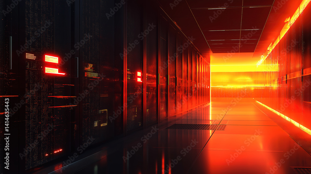 Poster powerful servers in a data center generate a futuristic atmosphere with nonstop digital activity
