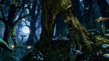 A mystical forest scene with glowing mushrooms and fireflies, captured from a low-angle view, evoking a fantasy video game atmosphere. Live desktop wallpaper.