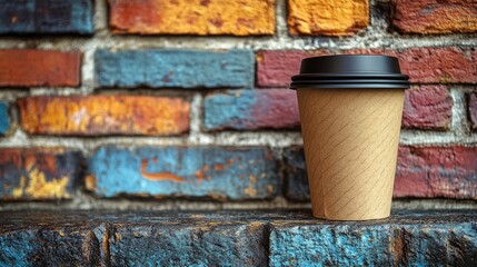 Obraz premium Coffee Cup on Colorful Brick Wall: A minimalist composition showcasing a takeaway coffee cup resting against a richly textured, multi-colored brick wall.