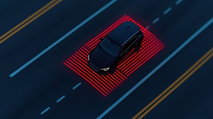 Naklejka premium AI-driven self-driving car picking up passengers from a sleek docking station, digital interface displaying real-time route optimization