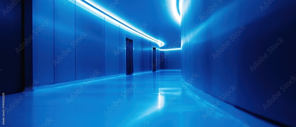 Poster futuristic corridor illuminated in vibrant blue hues creating a modern and sleek architectural space