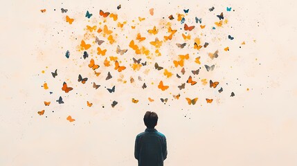Person watching colorful butterflies, Surreal art of a person and many butterflies