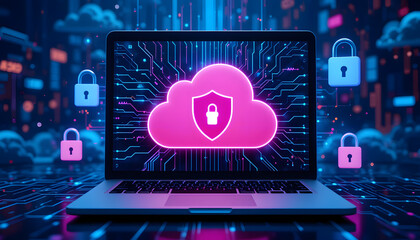 Cybersecurity Concept with Shield and Cloud Icons on Laptop Screen