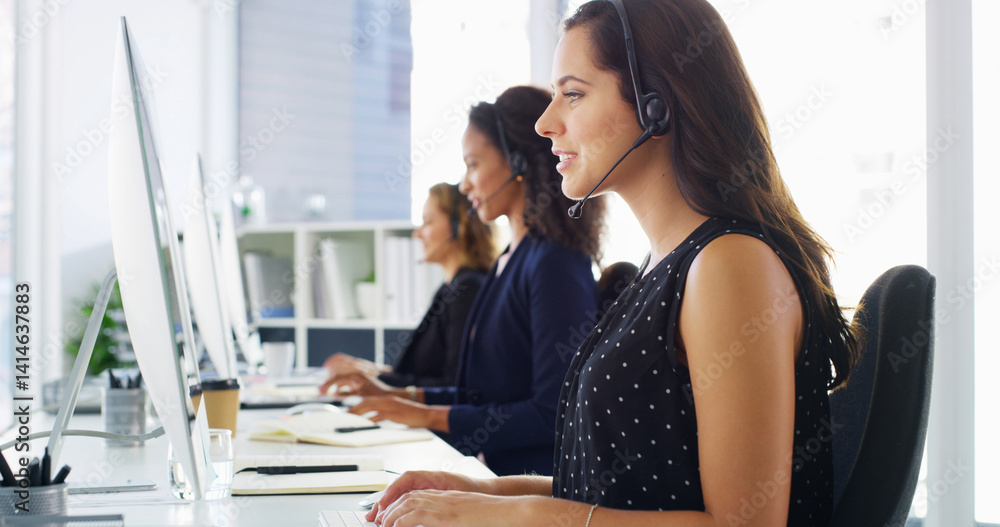 Fototapete Call center, typing and woman with headset by computer for virtual assistance, technical support and customer service. Contact us, consultant and helping with software issue, troubleshooting or query