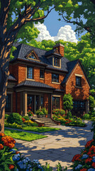 Obraz premium Suburban Estate: Brick Residence with Lush Landscaping, Summertime Dream Home