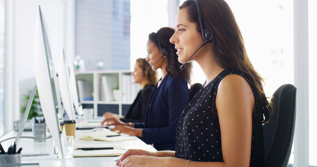 Call center, typing and woman with headset by computer for virtual assistance, technical support...