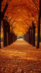 Fototapeta premium Autumn concept: Golden canopy, path covered with fallen foliage, scenic park landscape