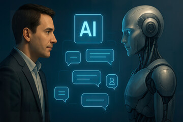 Professional man facing humanoid robot during digital AI communication exchange in blue ambient light