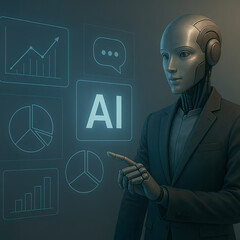 Professional humanoid robot presenting artificial intelligence data on glowing digital screen