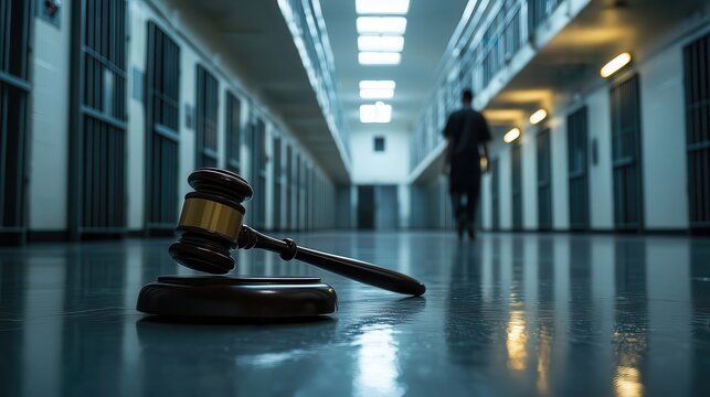 Judge gavel lying on floor in prison hallway with blurred guard walking