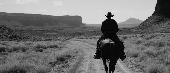 Cowboy silhouette rides horse on dusty trail through desert landscape in monochrome western scene
