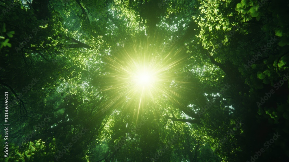 Poster sun shining through lush green forest canopy, creating a starburst effect.