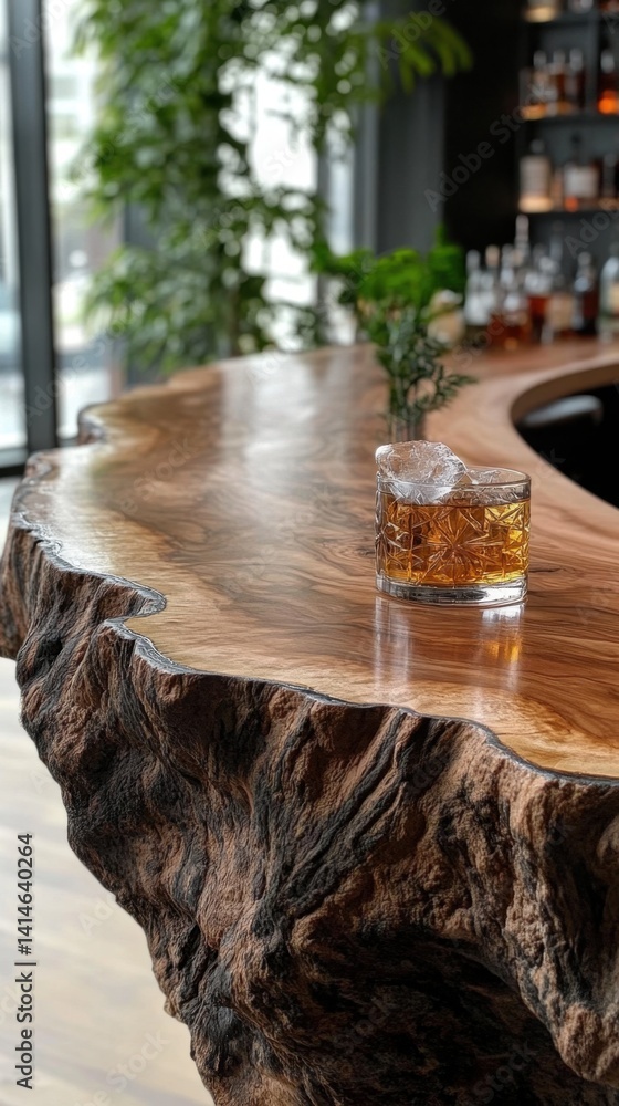 Poster elegant whiskey glass with ice on a unique live edge wooden bar top in a sophisticated bar setting