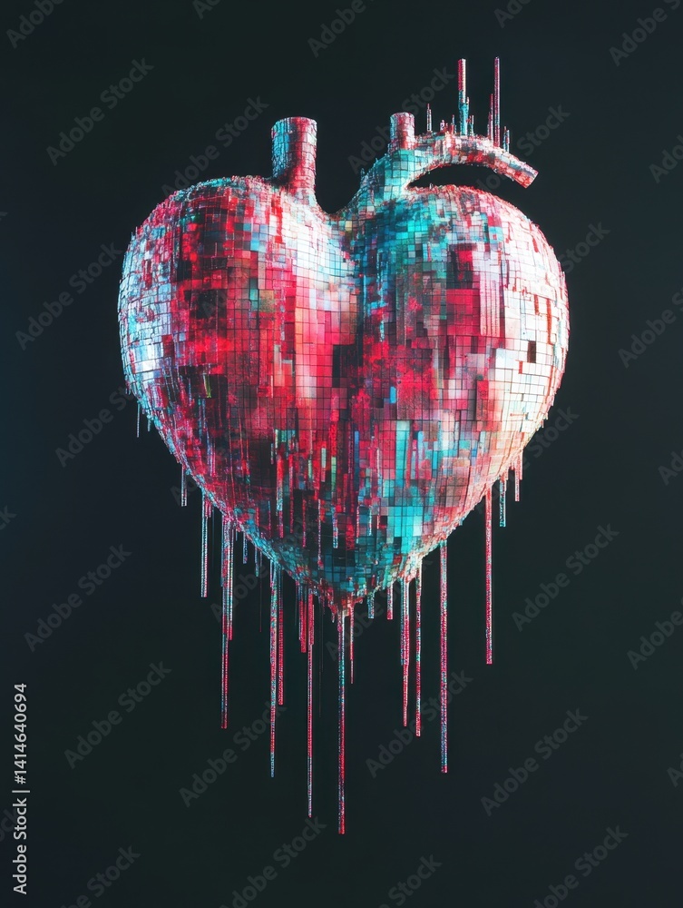 Poster abstract anatomical heart art with pixelated mosaic texture in red and blue on a dark background