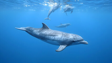 Naklejka premium Dolphin Pod Swimming in Clear Blue Ocean Water Underwater Scene