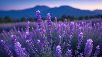 Fototapeta premium Lavender Field Blooming at Dusk with Mountains in the Distance