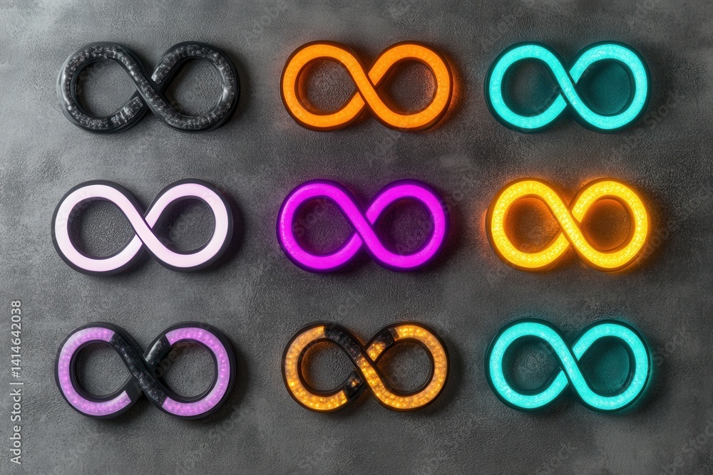 Poster colorful infinity symbols on textured gray background representing timelessness and boundless possib