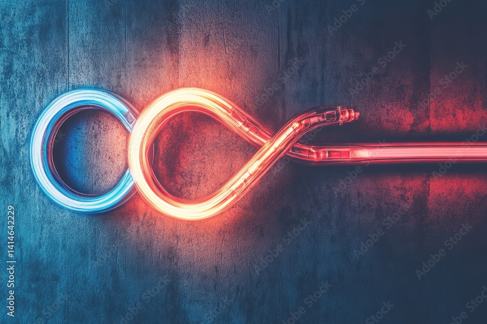 Poster abstract neon infinity symbol glowing with blue and red light on a dark textured background creating