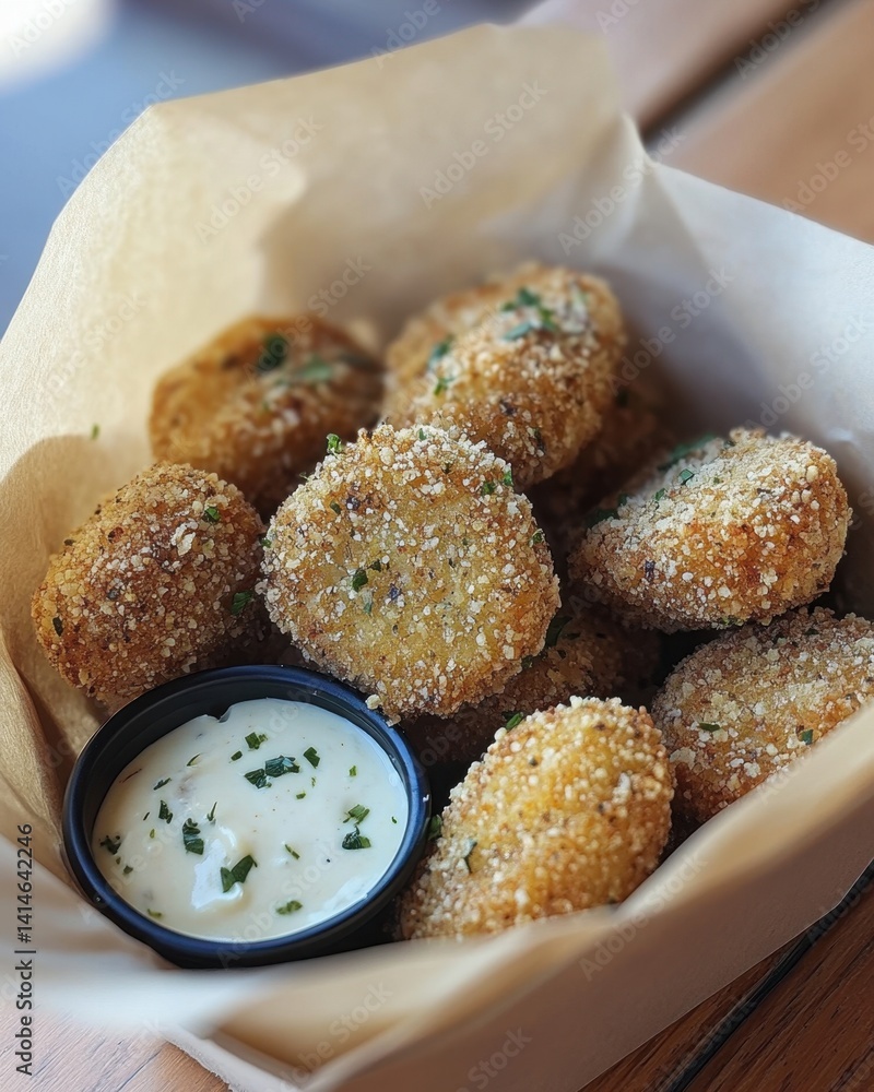 Poster crispy fried mushroom appetizers served with creamy dip in a rustic paper container close up view de