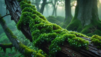 Naklejka premium Moss Covered Log with Water Droplets in a Misty Forest Scene