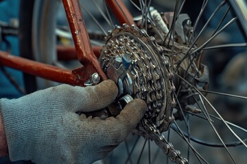 Close-up view of bicycle rear derailleur adjustment